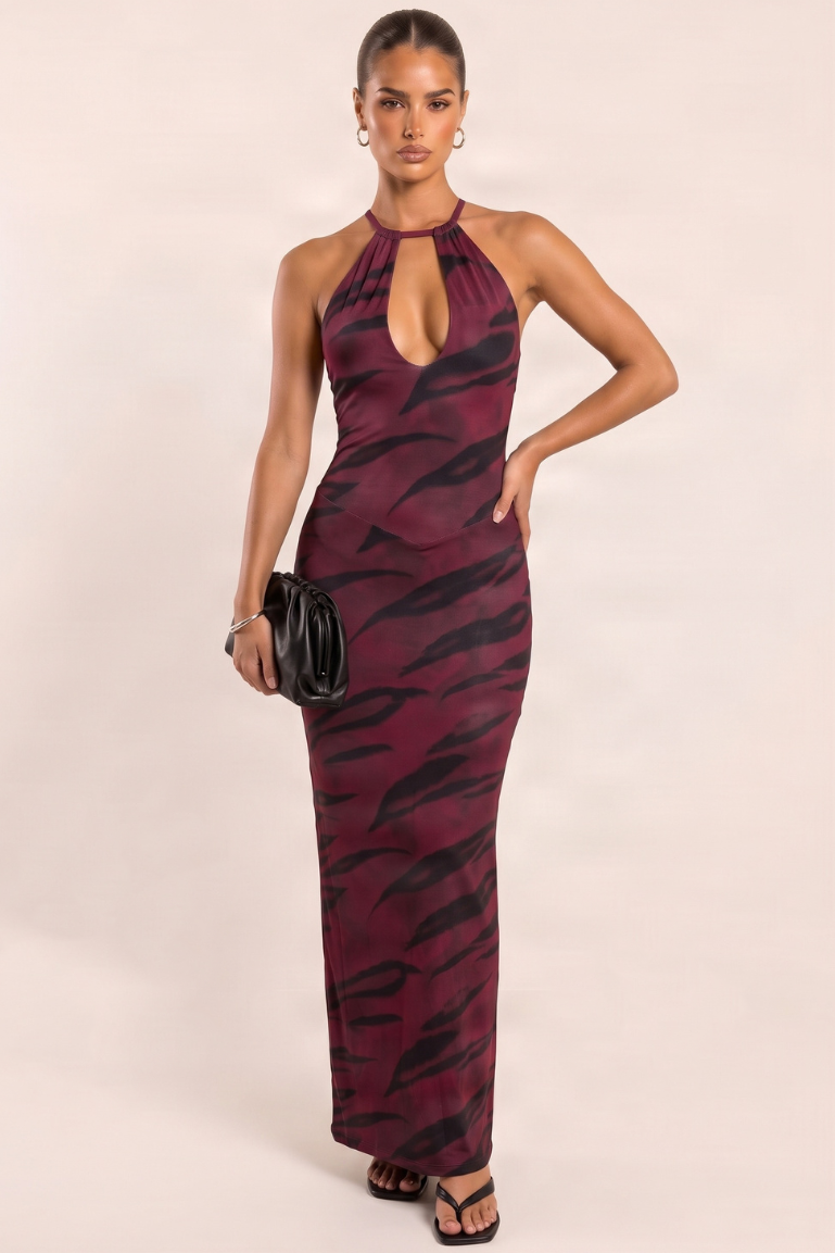 Plum Tiger Print Strappy Keyhole Maxi Dress - Christa
