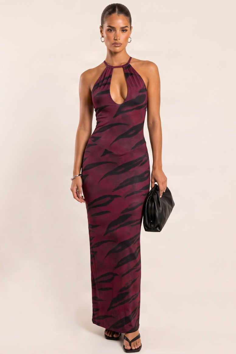 Plum Tiger Print Strappy Keyhole Maxi Dress - Christa