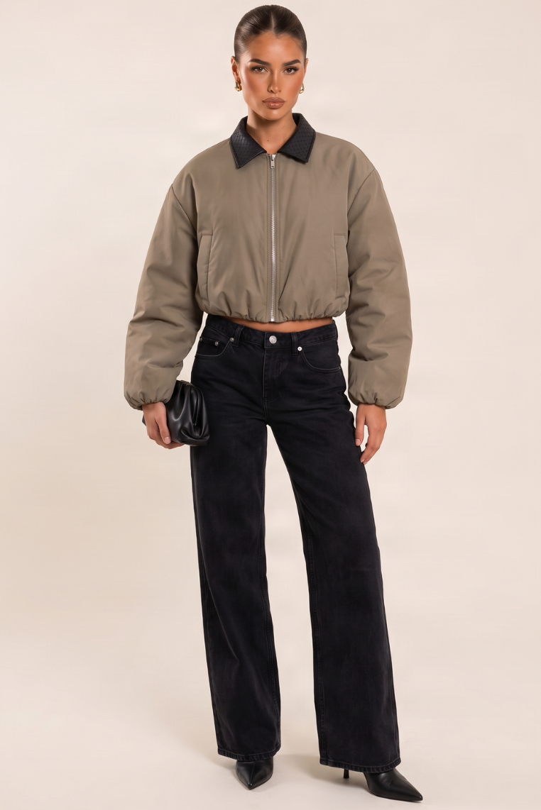 Khaki Contrast Collar Cropped Puffer Jacket - Ashira