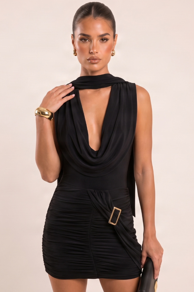 Black Draped Buckle Trim Mini Dress - Elcey