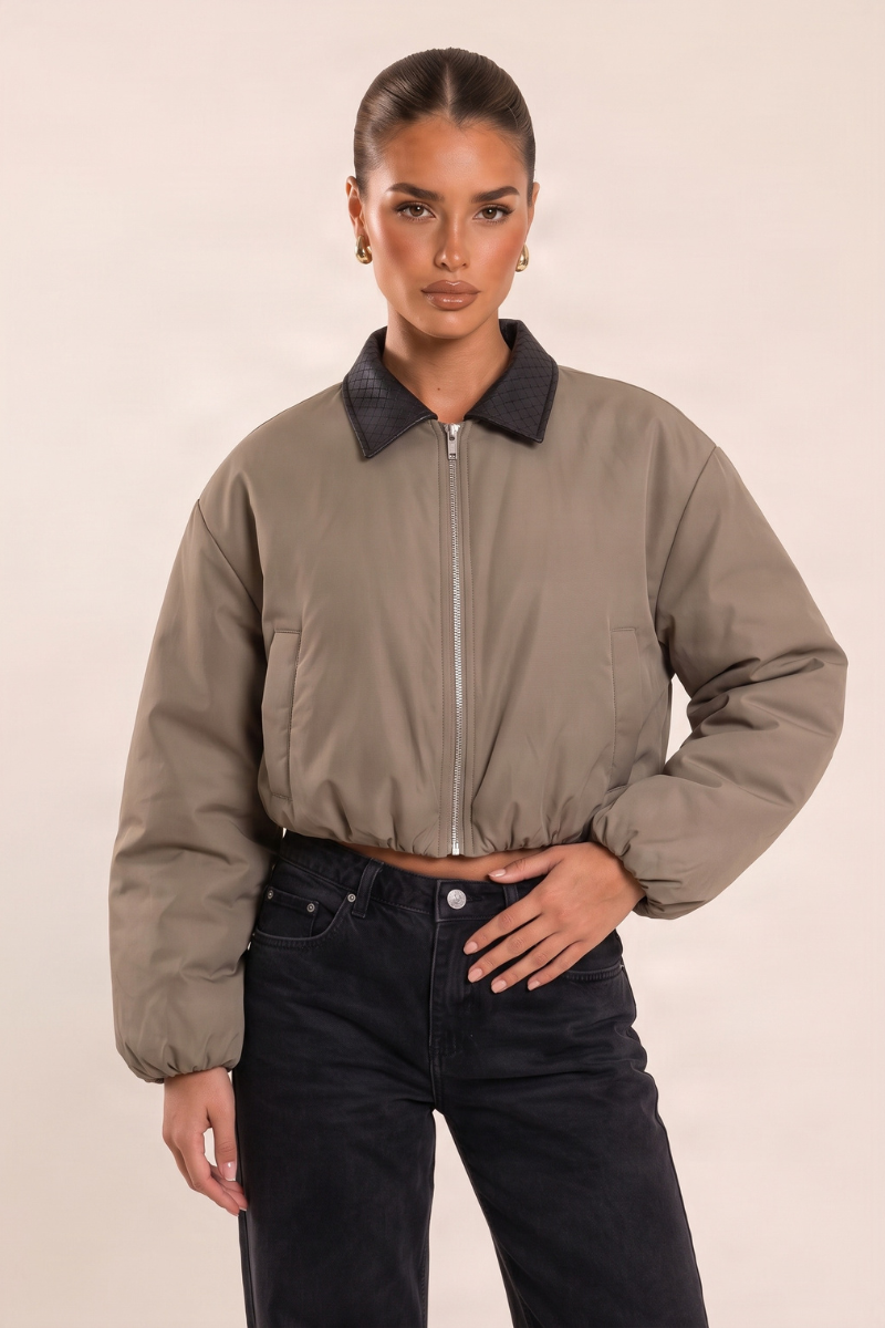 Khaki Contrast Collar Cropped Puffer Jacket - Ashira