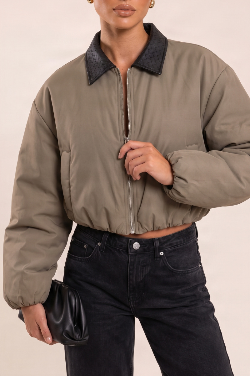 Khaki Contrast Collar Cropped Puffer Jacket - Ashira