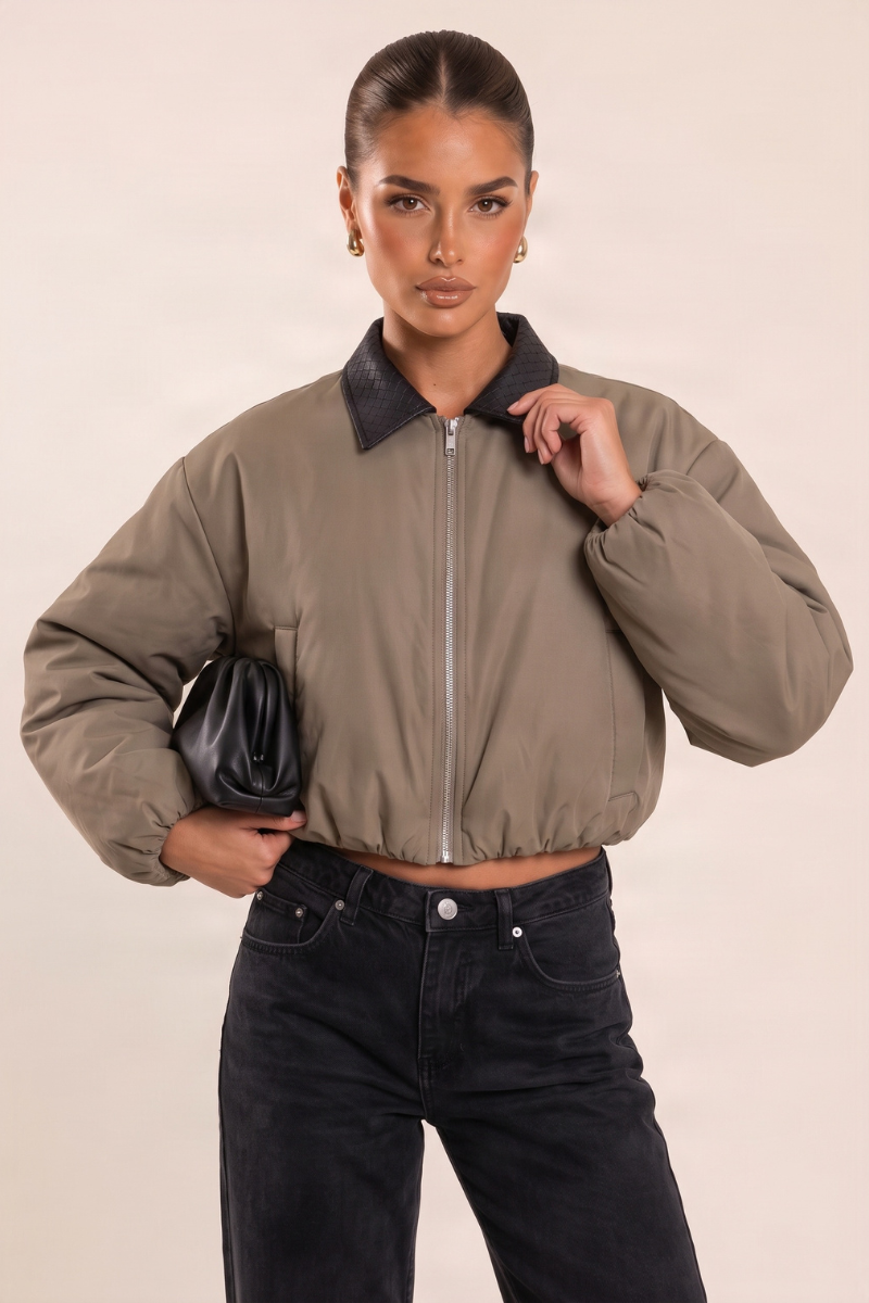 Khaki Contrast Collar Cropped Puffer Jacket - Ashira