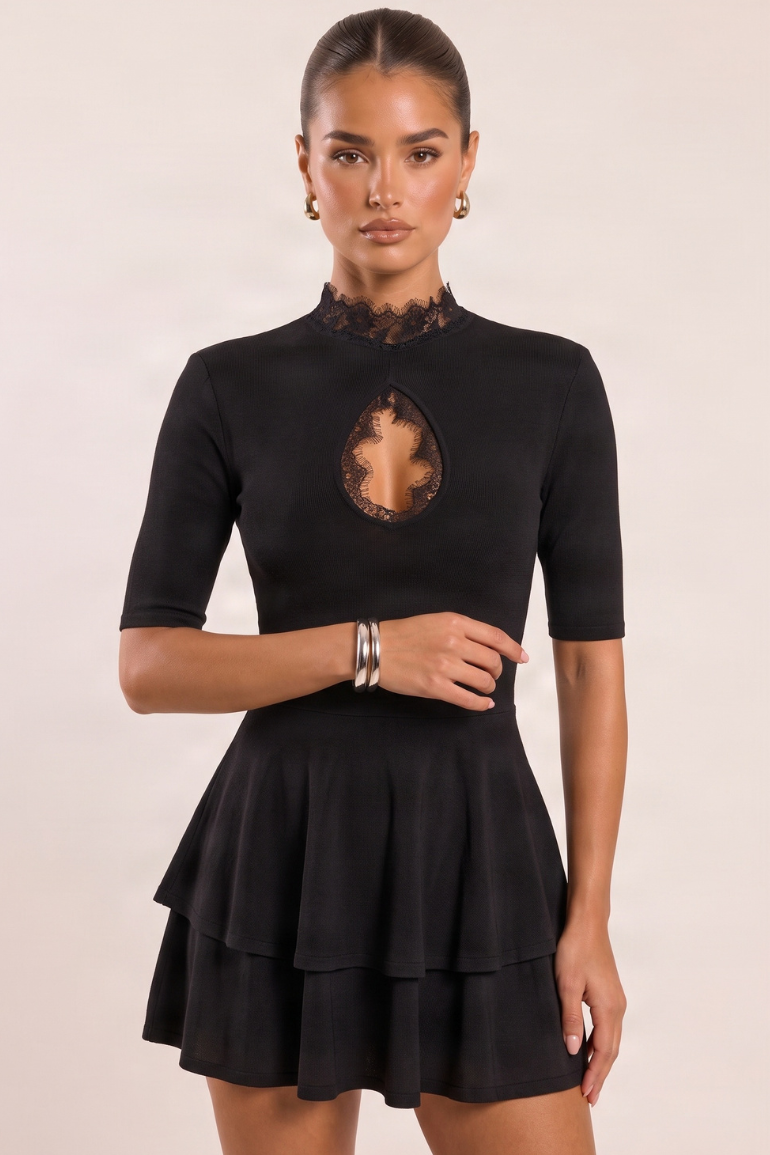 Black Shoulder Pad Lace Trim Tiered Mini Dress - Jasmina