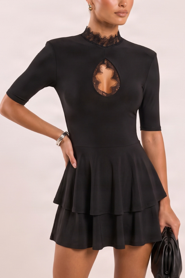 Black Shoulder Pad Lace Trim Tiered Mini Dress - Jasmina