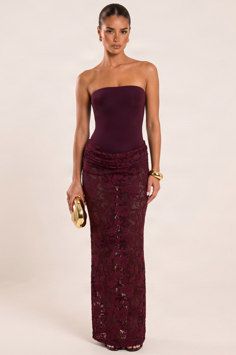 Plum Burnout Skirt Bandeau Maxi Dress - Taya