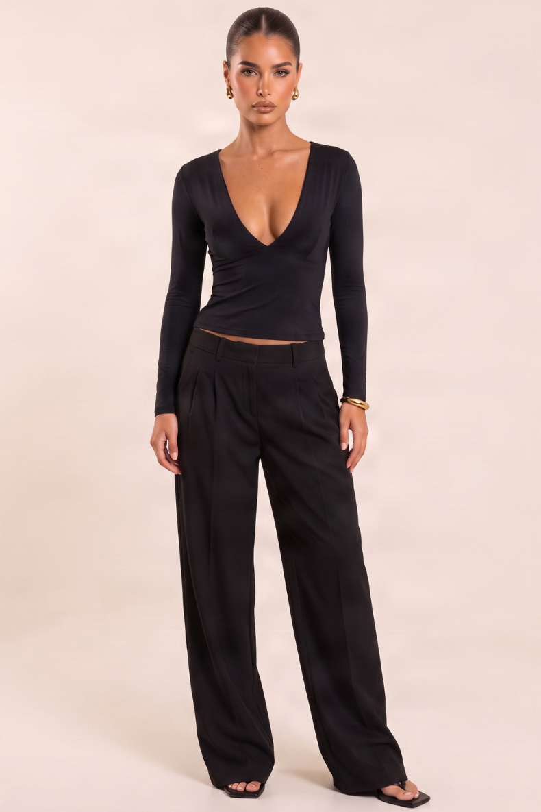 Black Plunge Slinky Long Sleeve Top - Niamh