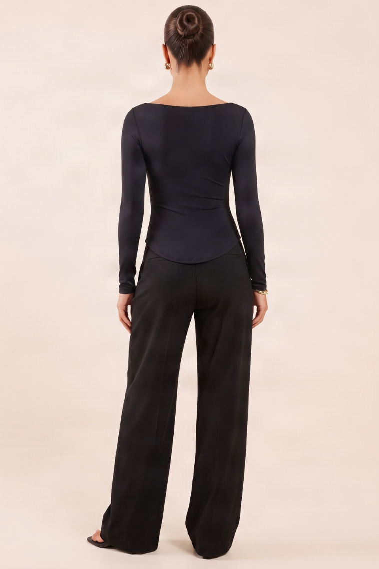 Black Plunge Slinky Long Sleeve Top - Niamh