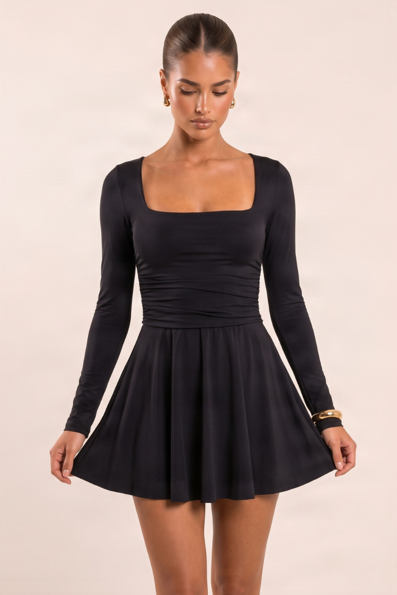 Black Slinky Long Sleeve Square Neck Skater Dress - Alaska