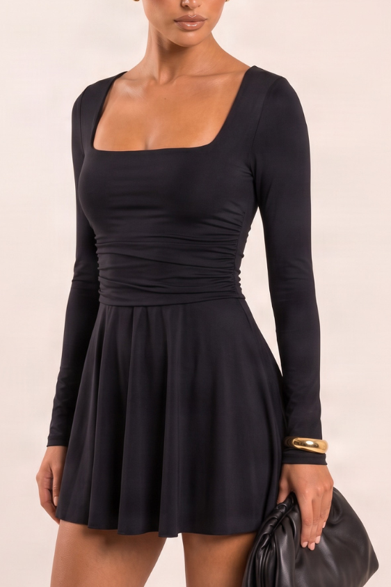 Black Slinky Long Sleeve Square Neck Skater Dress - Alaska