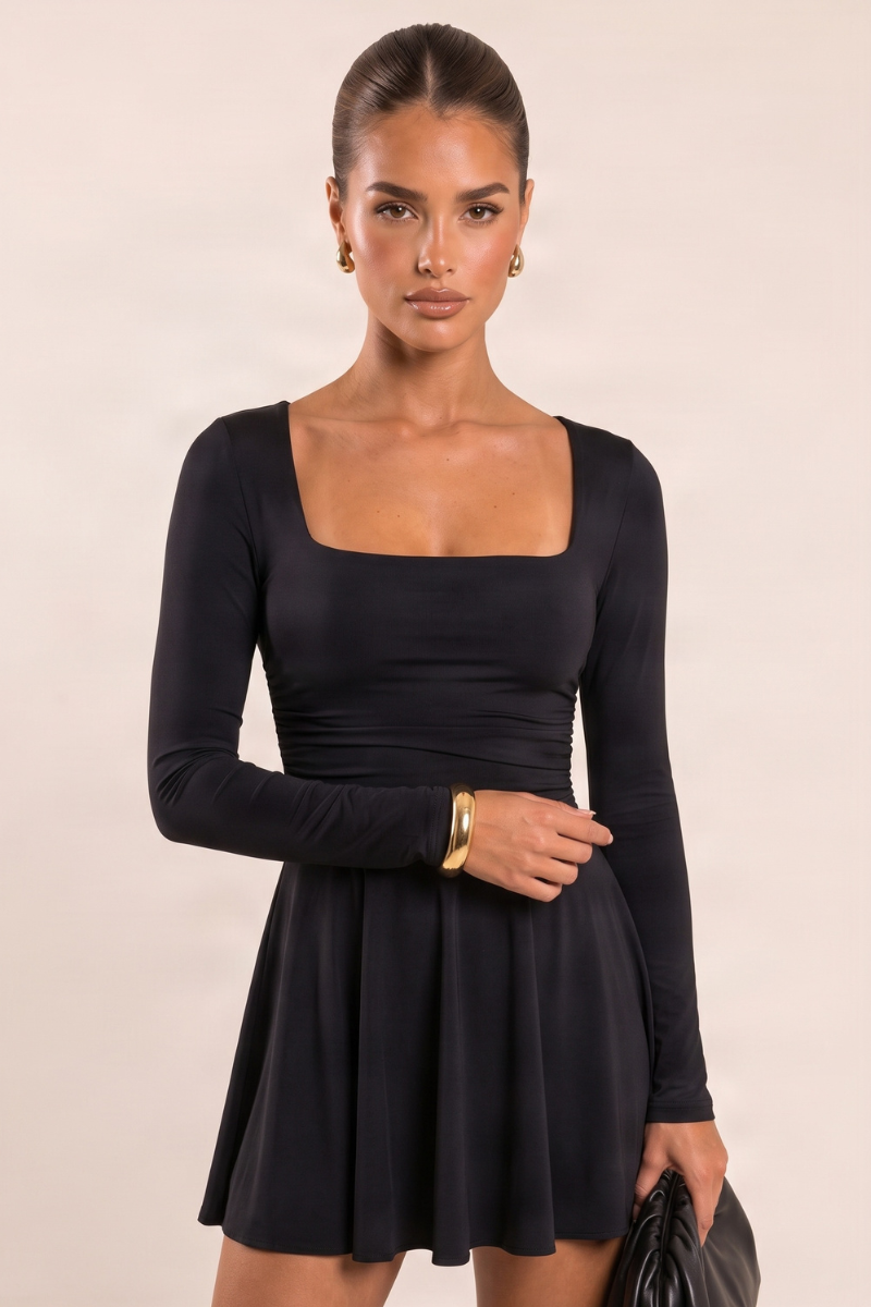 Black Slinky Long Sleeve Square Neck Skater Dress - Alaska