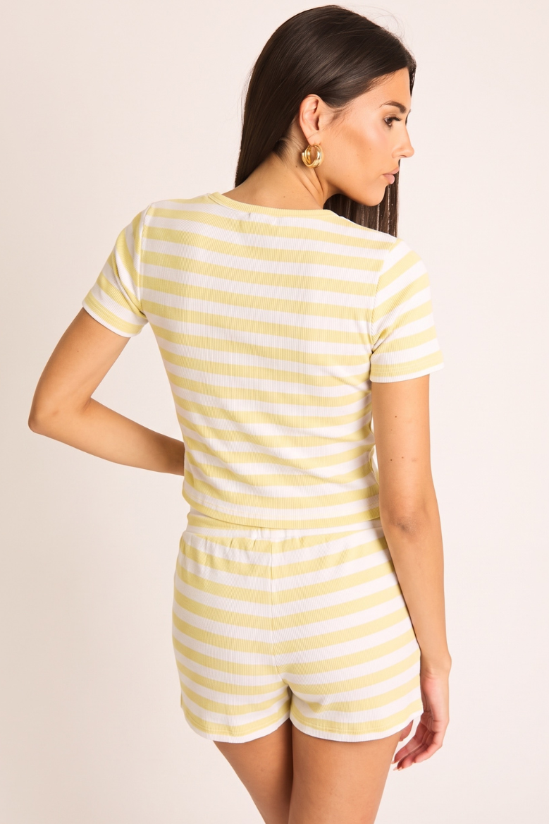 Butter Yellow Stripe Rib Button Top and Short Loungewear Co-ord Set - Carina