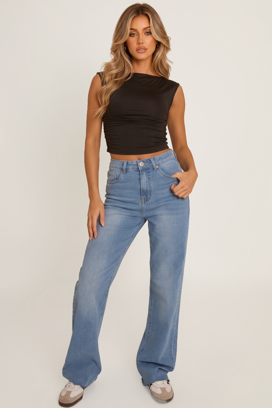 Blue Stretch Straight Leg Frayed Hem Jeans - Scarlett