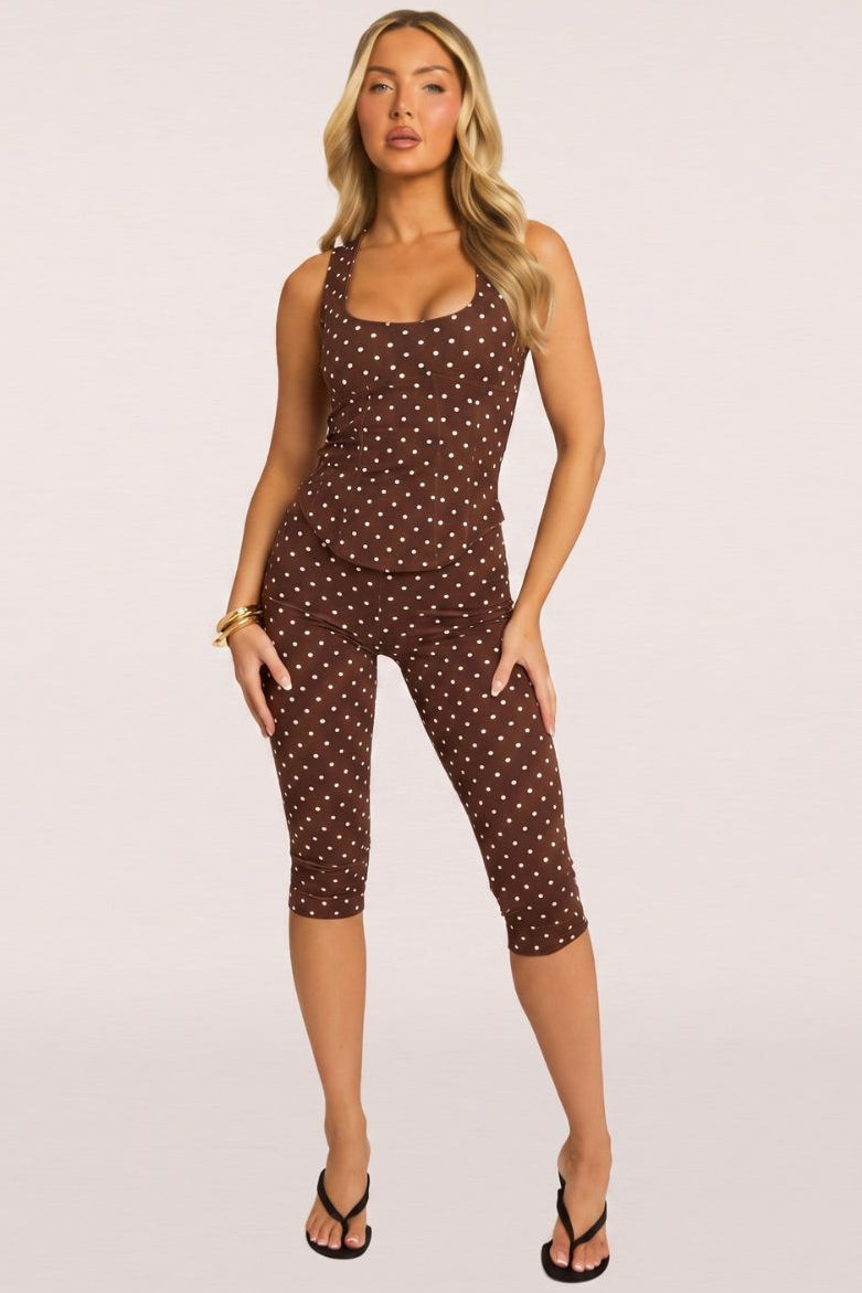 Chocolate Polka Dot Corset Top and Capri Pant Co-ord Set - Nikola