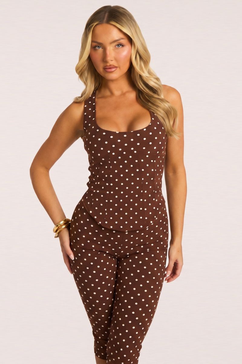 Chocolate Polka Dot Corset Top and Capri Pant Co-ord Set - Nikola