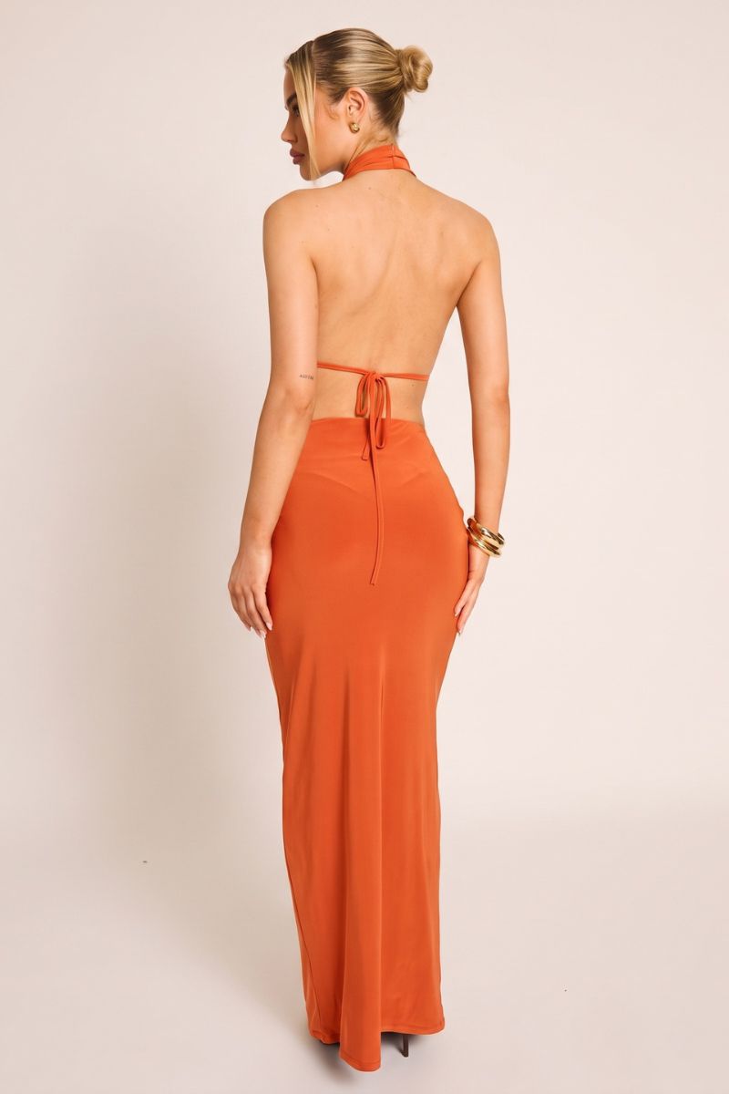 Orange Cowl Plunge Halter Top and Maxi Skirt Co-ord Set - Delia