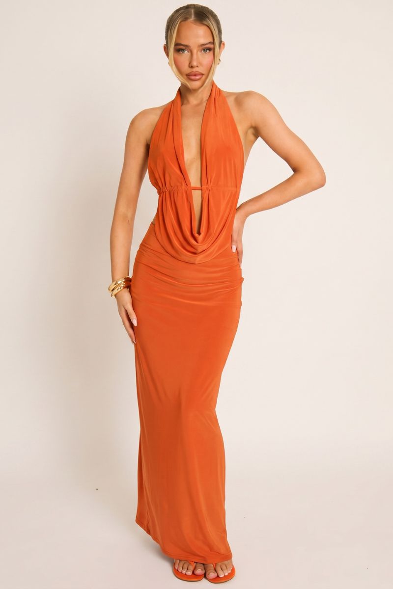 Orange Cowl Plunge Halter Top and Maxi Skirt Co-ord Set - Delia