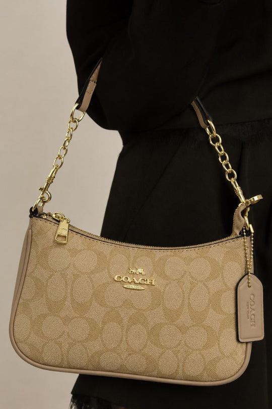 Beige Logo Monogram Faux Leather Shoulder Bag - Miah