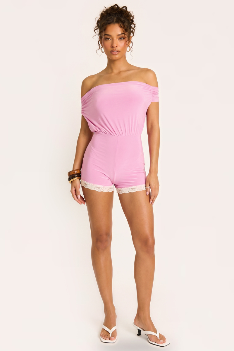 Pink Off Shoulder Bardot Lace Trim Playsuit - Jojo