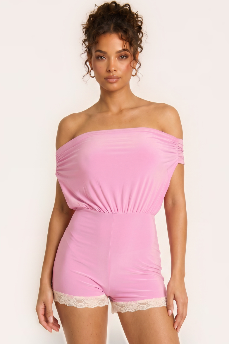 Pink Off Shoulder Bardot Lace Trim Playsuit - Jojo