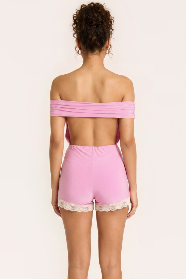 Pink Off Shoulder Bardot Lace Trim Playsuit - Jojo