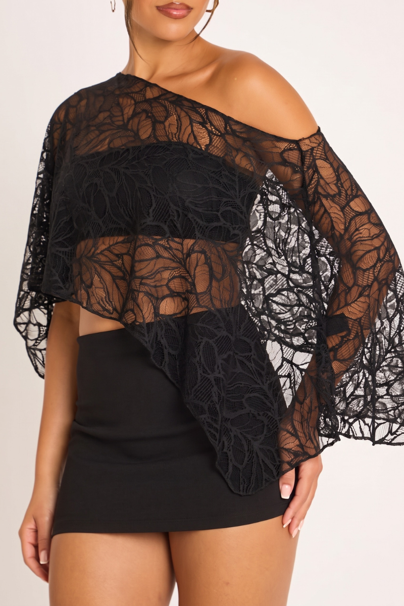Black Lace Slash Neck Cape Top - Ellani