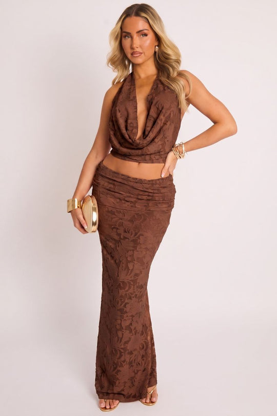 Chocolate Burnout Floral Cowl Halterneck Top and Maxi Skirt Co-ord Set - Cerys