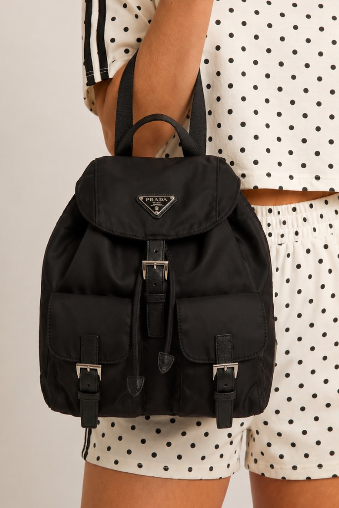 Black Logo Detail Nylon Backpack - Calbi