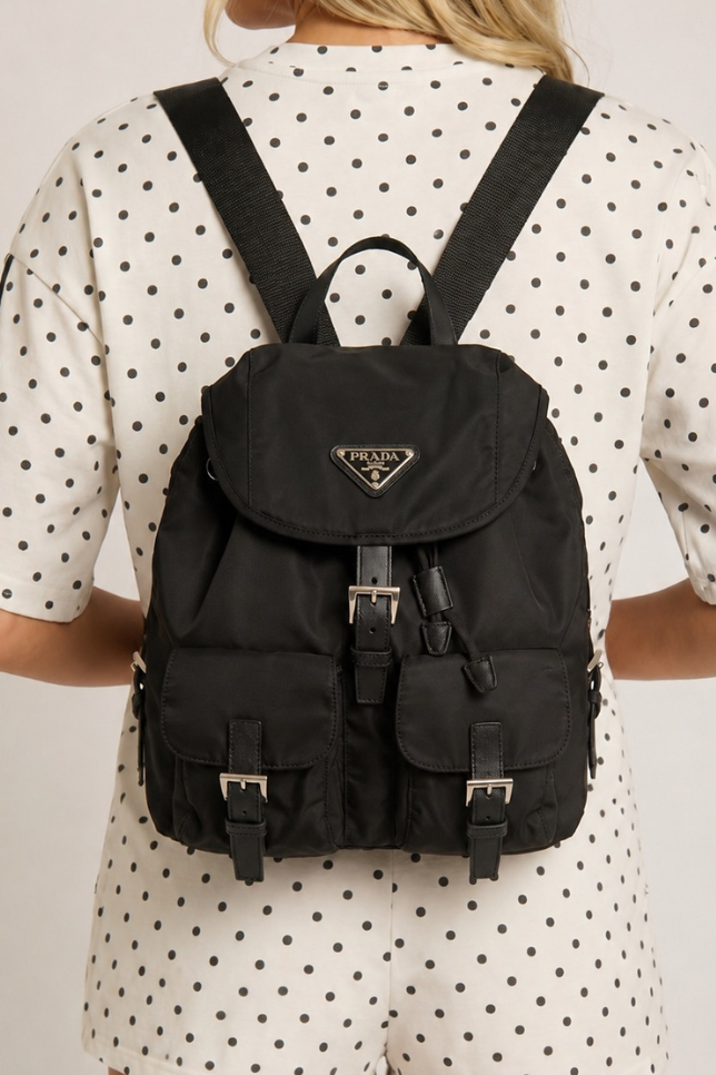 Black Logo Detail Nylon Backpack - Calbi