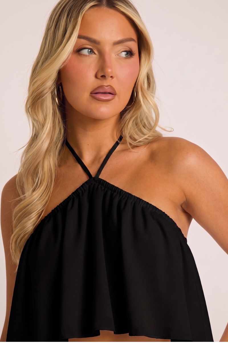 Black Frill Halter Top and Skort Co-ord Set - Louisa