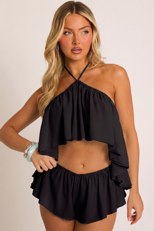 Black Frill Halter Top and Skort Co-ord Set - Louisa
