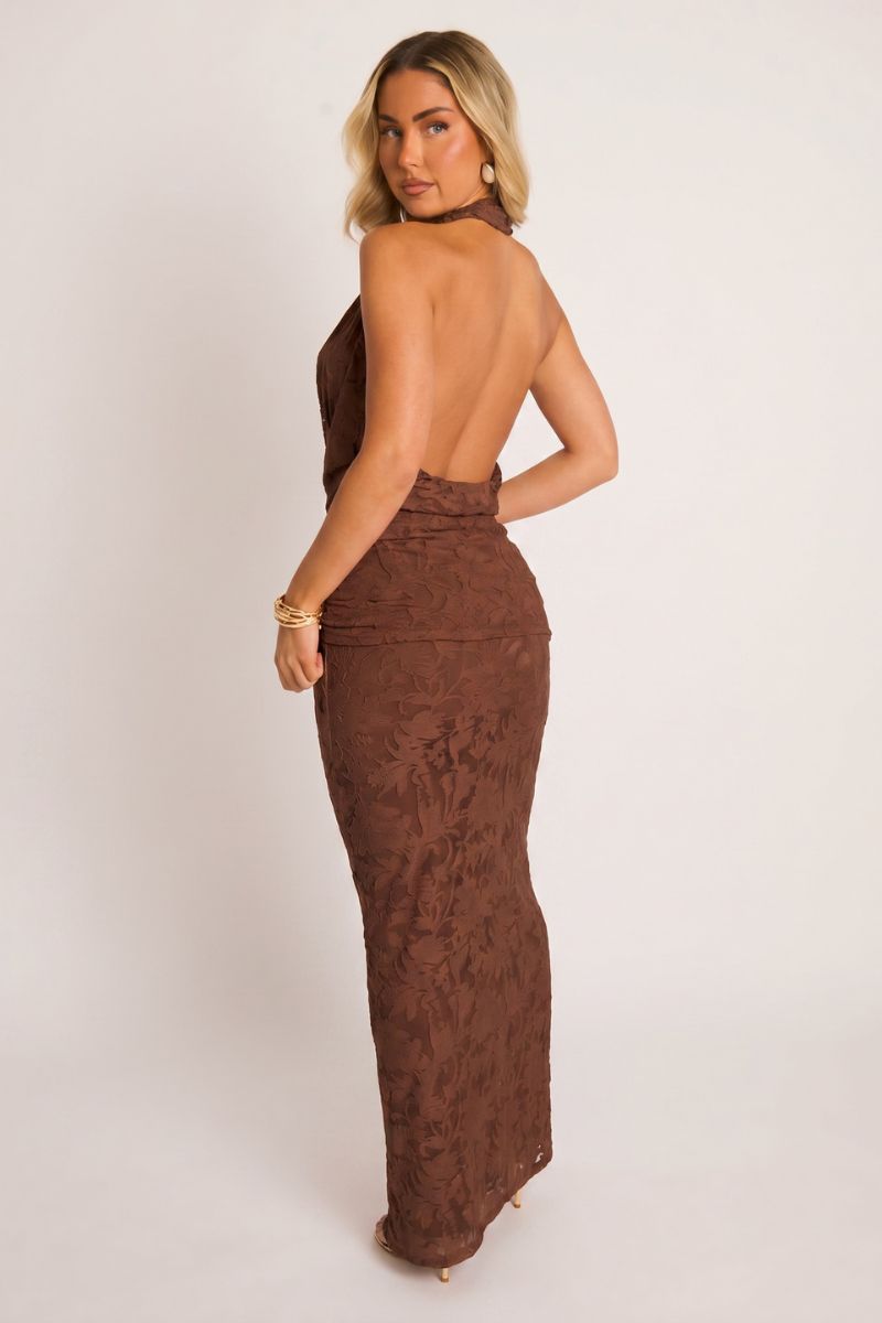 Chocolate Burnout Floral Cowl Halterneck Top and Maxi Skirt Co-ord Set - Cerys