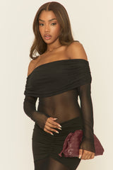 Black Mesh Bardot Ruched Maxi Dress - Tyla