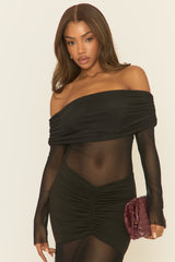 Black Mesh Bardot Ruched Maxi Dress - Tyla