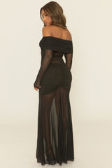 Black Mesh Bardot Ruched Maxi Dress - Tyla