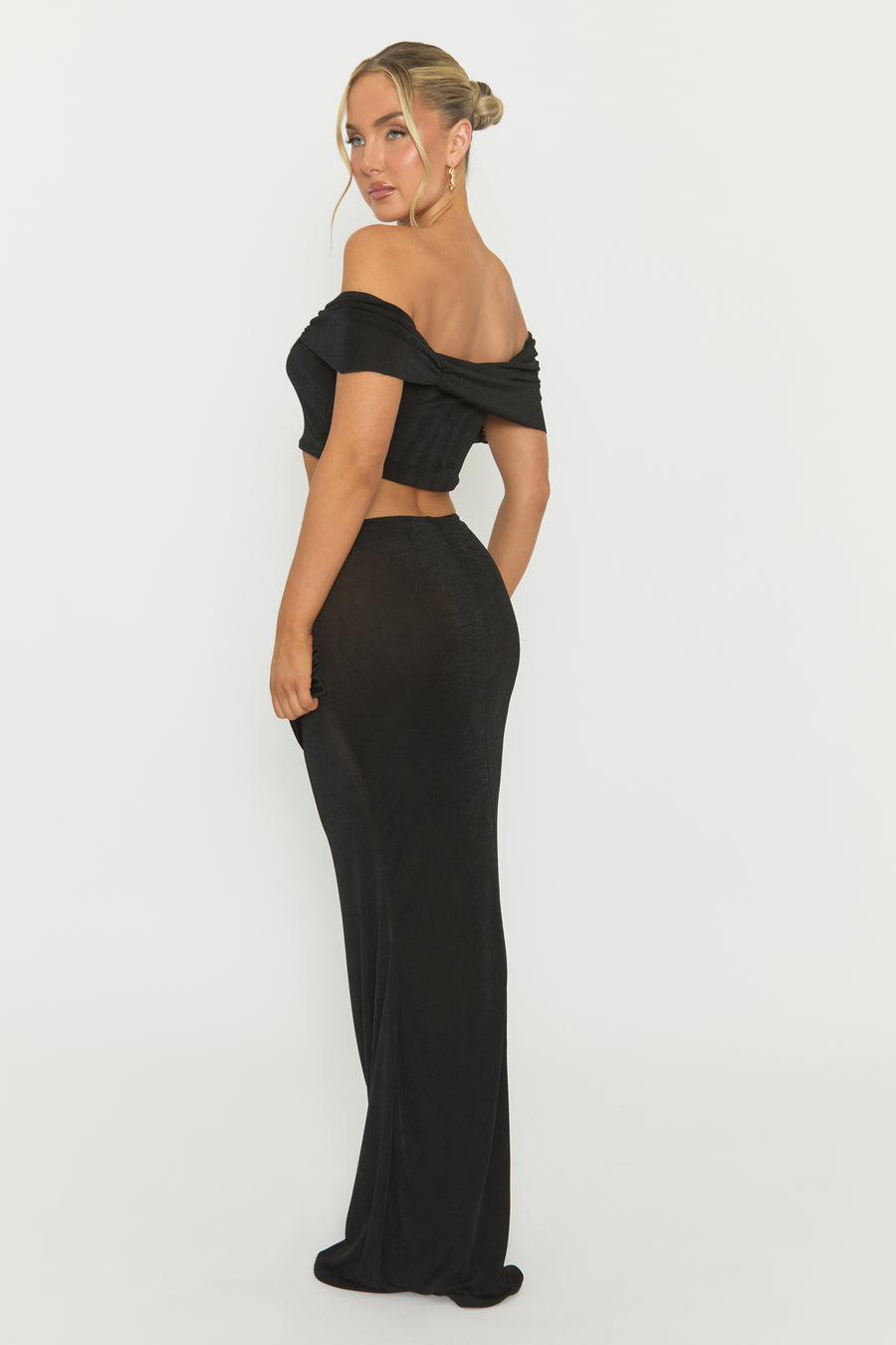 Black Acetate Slinky Bardot Crop Top and Maxi Skirt Co-ord Set - Derren