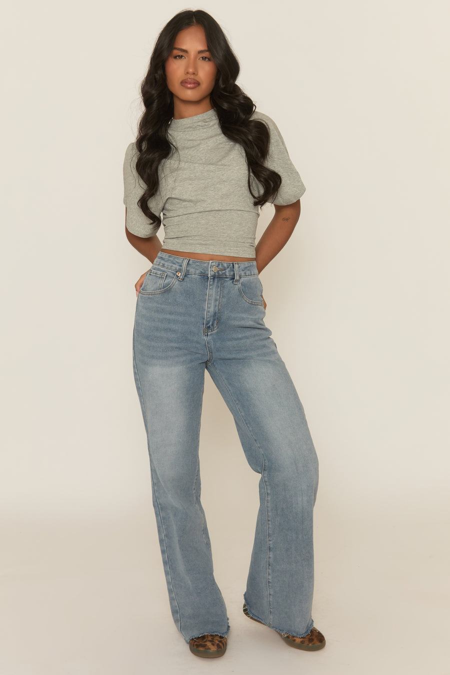 Mid Blue Stretch Frayed Hem Jeans - Scarlett