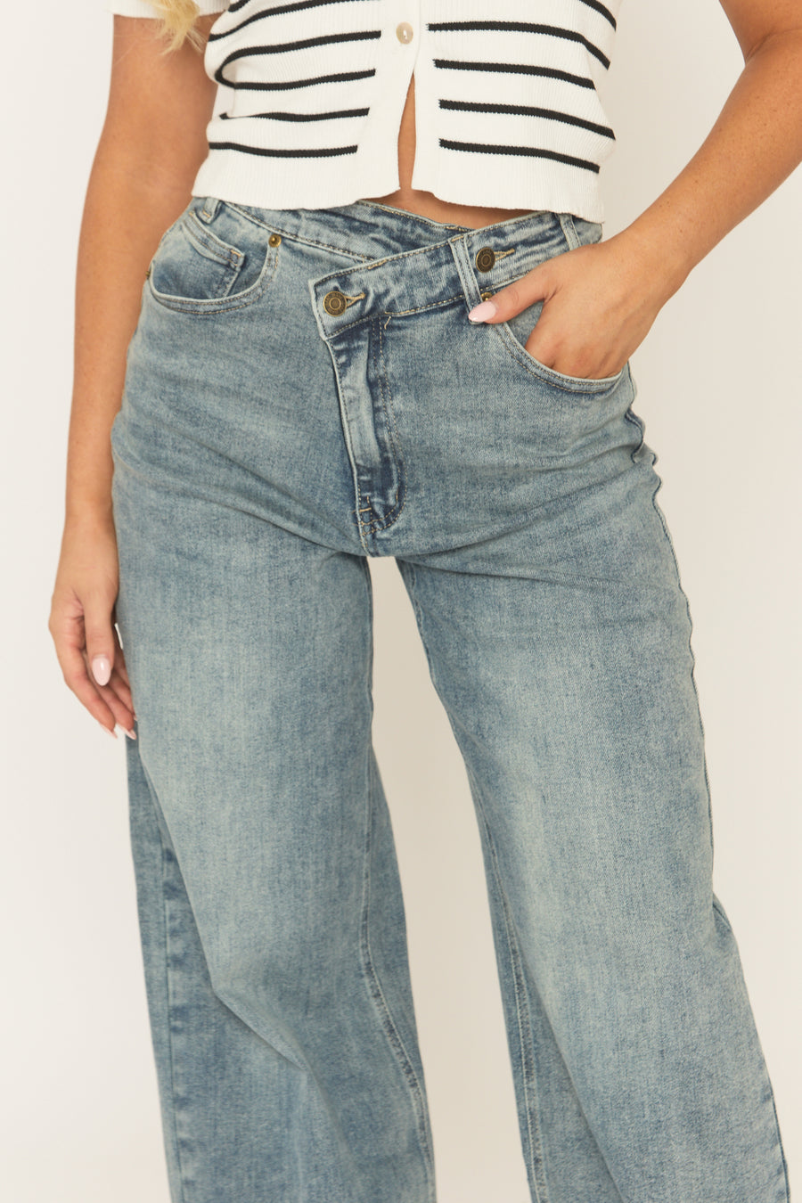Washed Blue Asymmetric Waist Wide Leg Denim Jeans - Elka