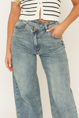 Washed Blue Asymmetric Waist Wide Leg Denim Jeans - Elka