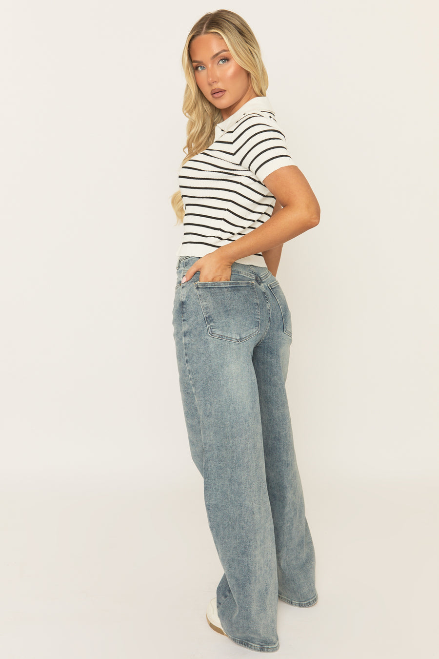 Washed Blue Asymmetric Waist Wide Leg Denim Jeans - Elka