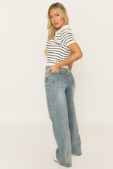 Washed Blue Asymmetric Waist Wide Leg Denim Jeans - Elka
