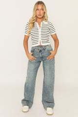 Washed Blue Asymmetric Waist Wide Leg Denim Jeans - Elka