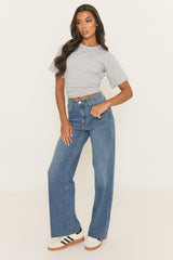 Mid Blue Raw Hem Wide Leg Denim Jeans - Ayleen