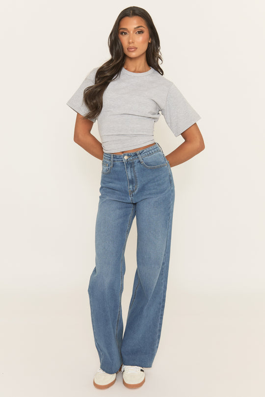 Mid Blue Raw Hem Wide Leg Denim Jeans - Ayleen
