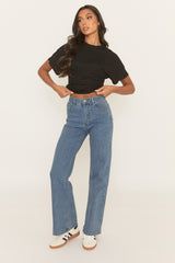 Mid Blue Striped Wide Leg Denim Jeans - Clodagh
