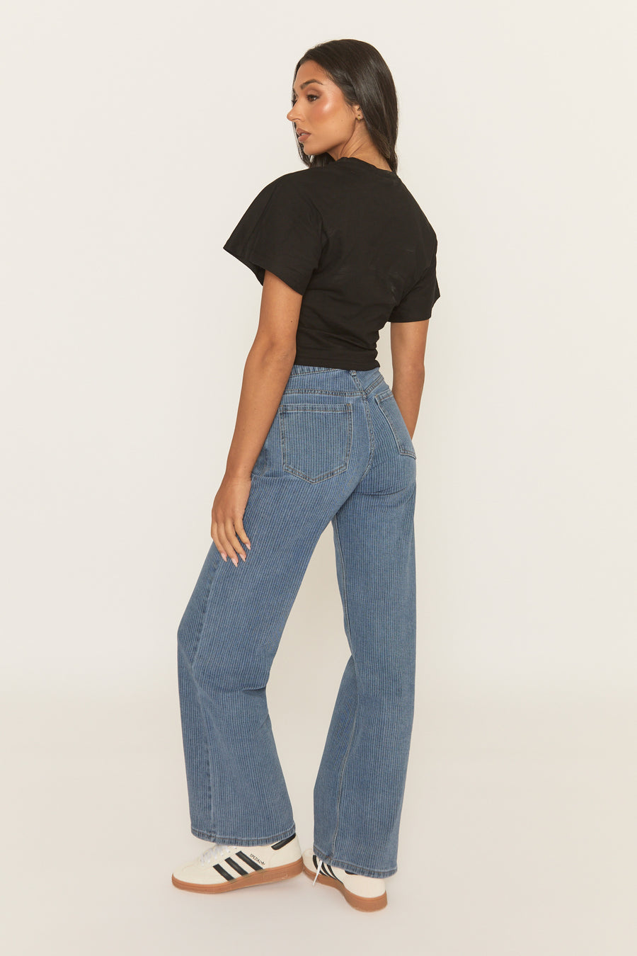 Mid Blue Striped Wide Leg Denim Jeans - Clodagh