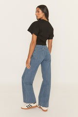 Mid Blue Striped Wide Leg Denim Jeans - Clodagh