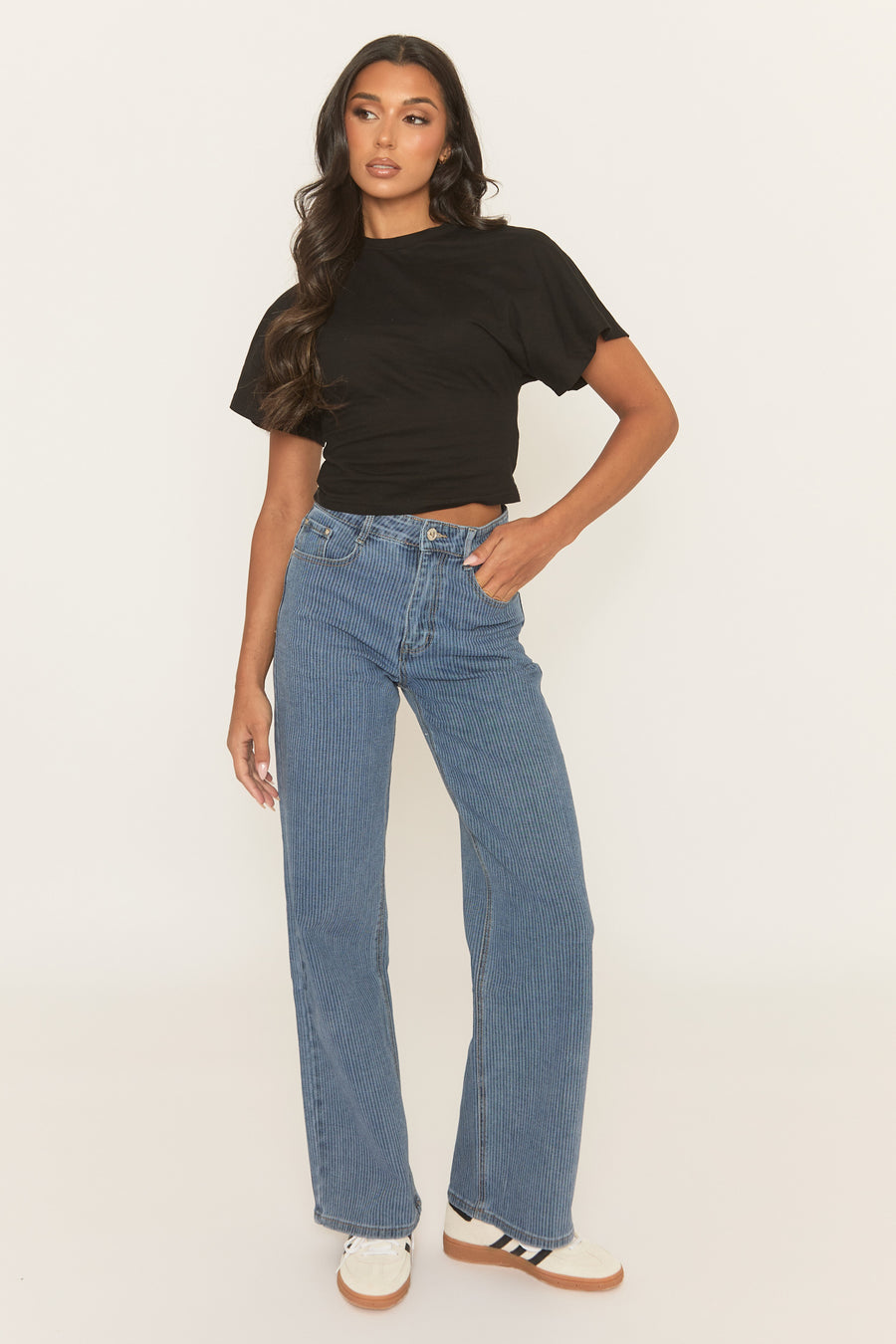 Mid Blue Striped Wide Leg Denim Jeans - Clodagh