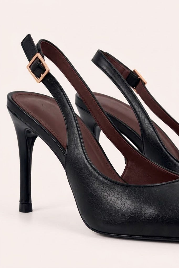 Black Slingback Pointed Court Heels - Chloe