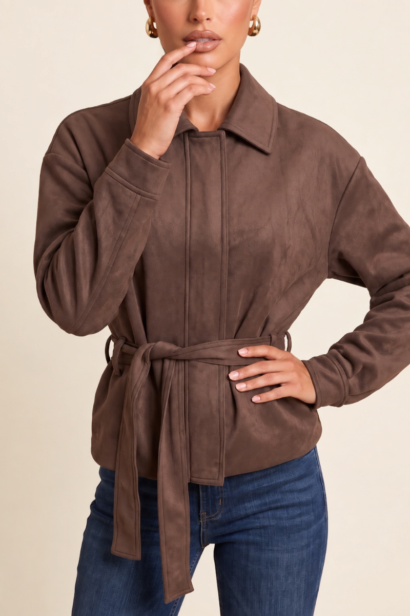 Chocolate Faux Suede Belted Jacket - Louise